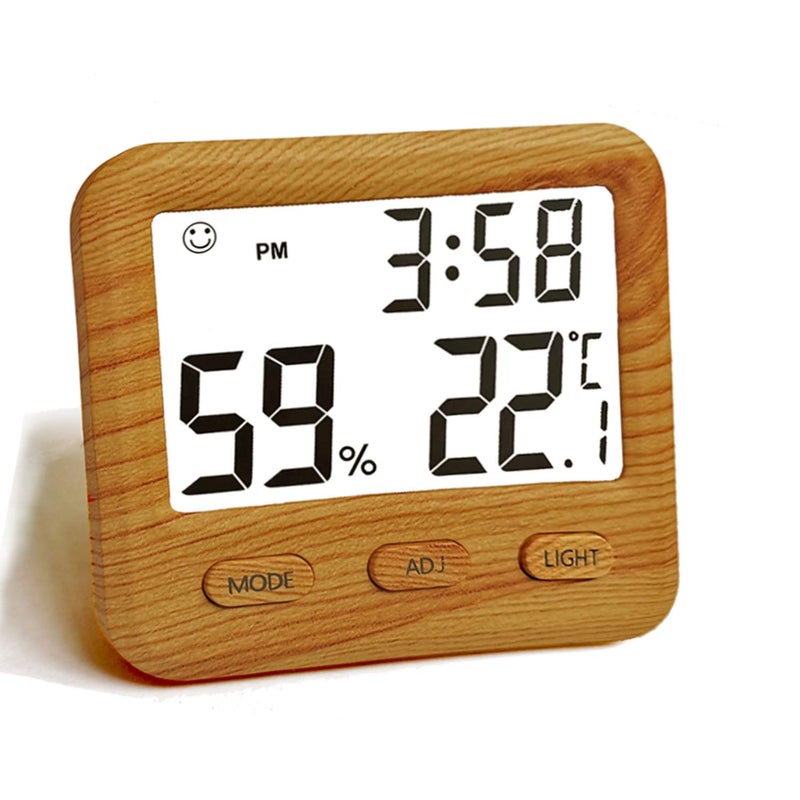 natome Digital Hygrometer Indoor Thermometer, Temperature Humidity Gauge with Desk Clocks for Bedroom Office,Backlit Accurate Monitor Clear Reading,Time Display Room Thermometer for Home Greenhouse Wooden - Image 1